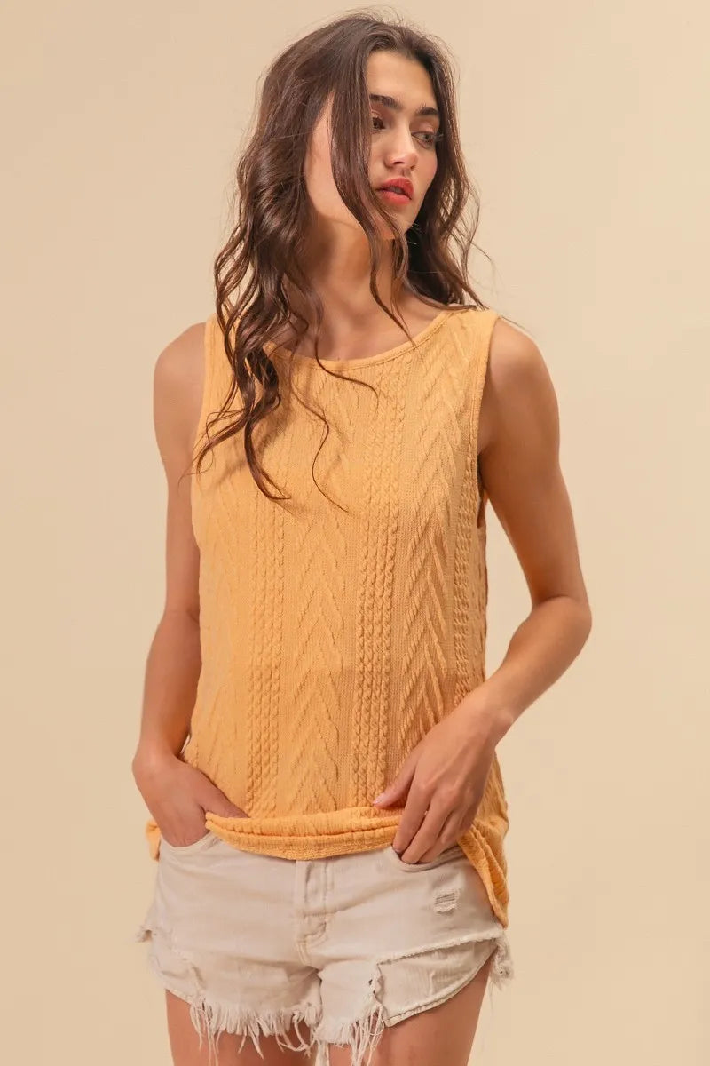 BiBi Textured Sweather Knit Twist Back Sleeveless Top HONEY MUSTARD