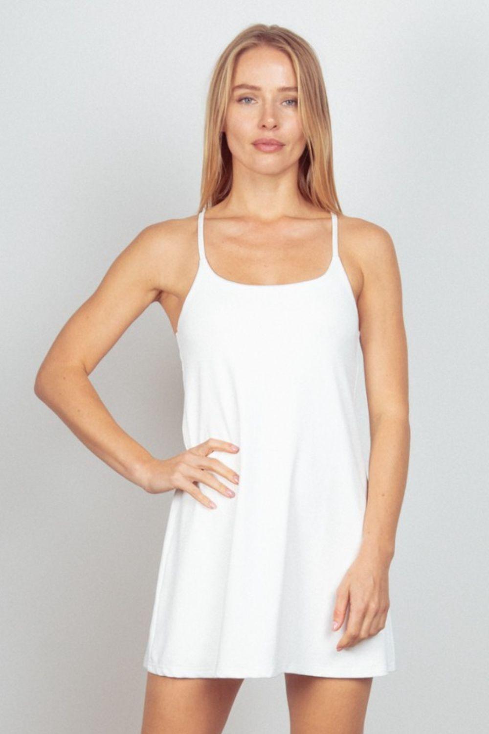 VERY J Sleeveless Active Tennis Dress with Unitard Liner White
