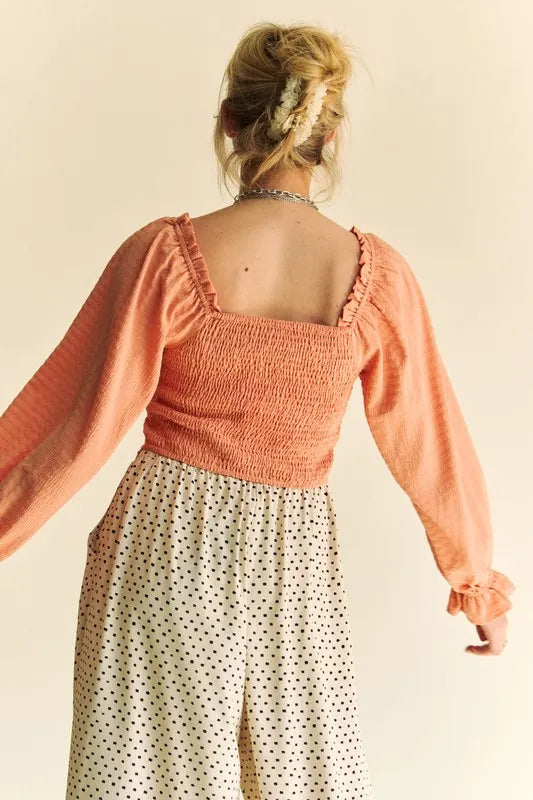 Davi & Dani Strap Front Corset Look Long Puff Sleeve Blouse