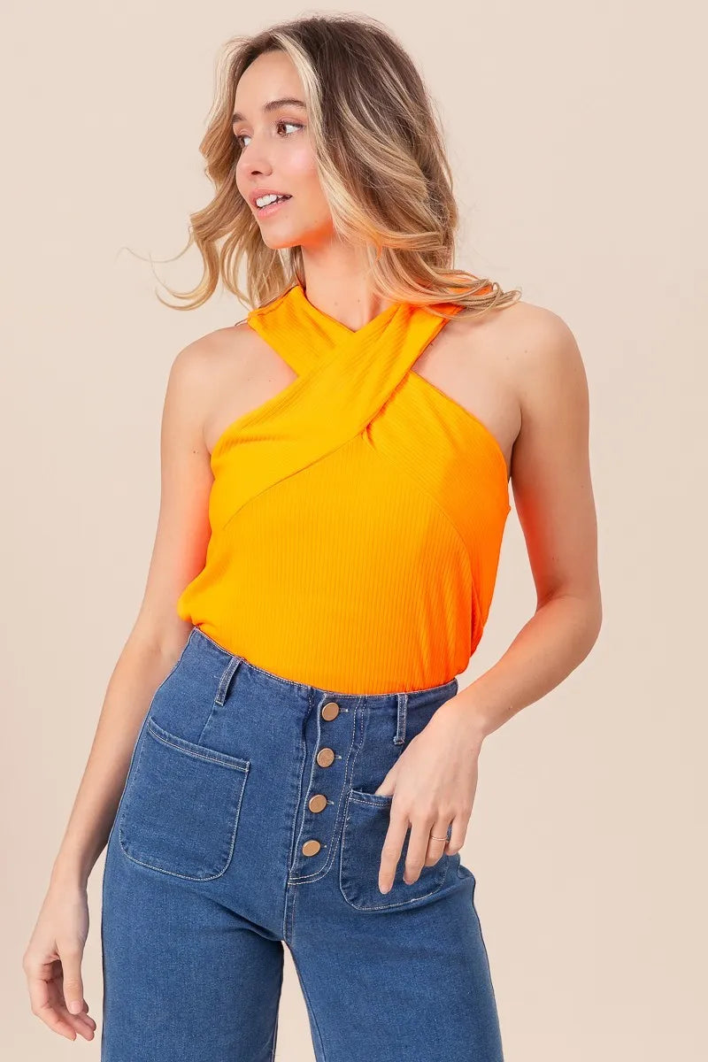 BiBi Rib Knit Cross Neck Banded Top