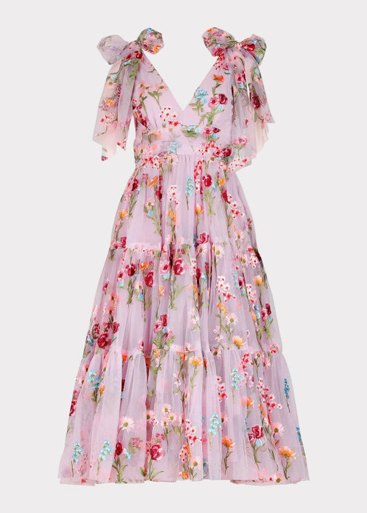 Margaret Floral Embroidered Midi Dress Pink