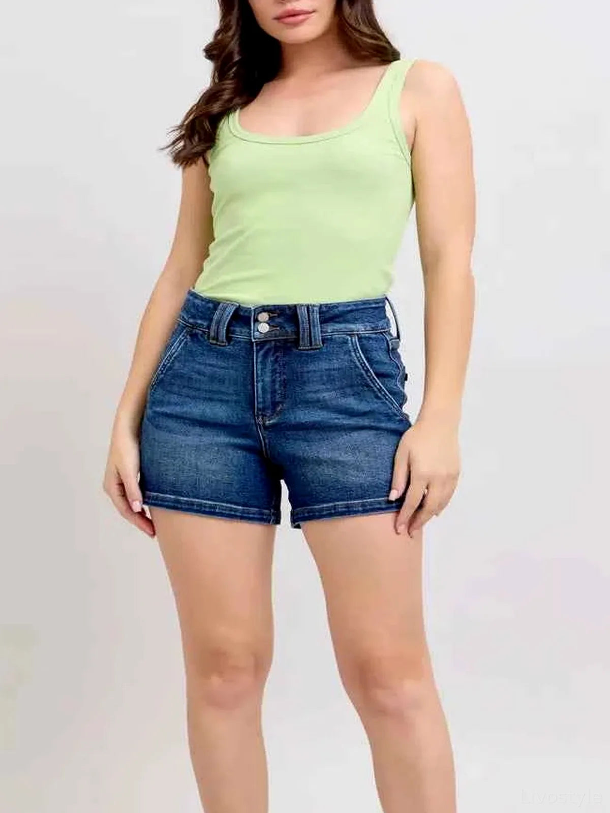 Double Button Waistband Denim Shorts