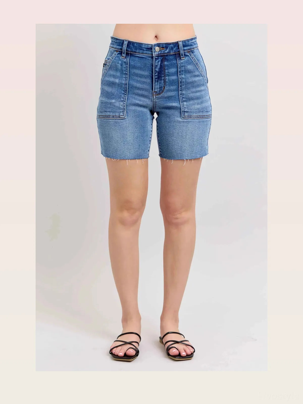 Mid Rise Bermudas Denim Shorts W/ Back Flap Pockets