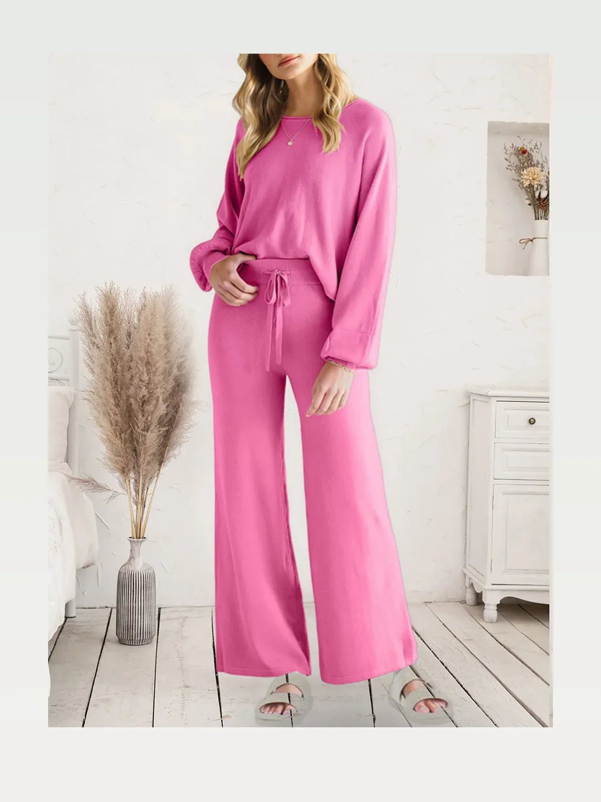 Long Sleeve Lounge Top and Drawstring Pants Set