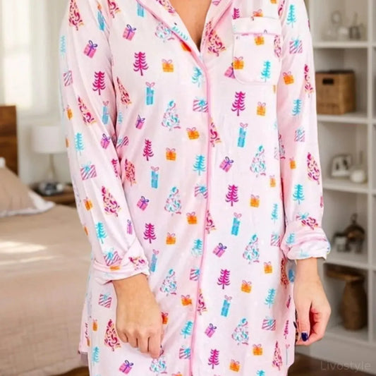 Printed Collared Neck Long Sleeve Lounge Dress