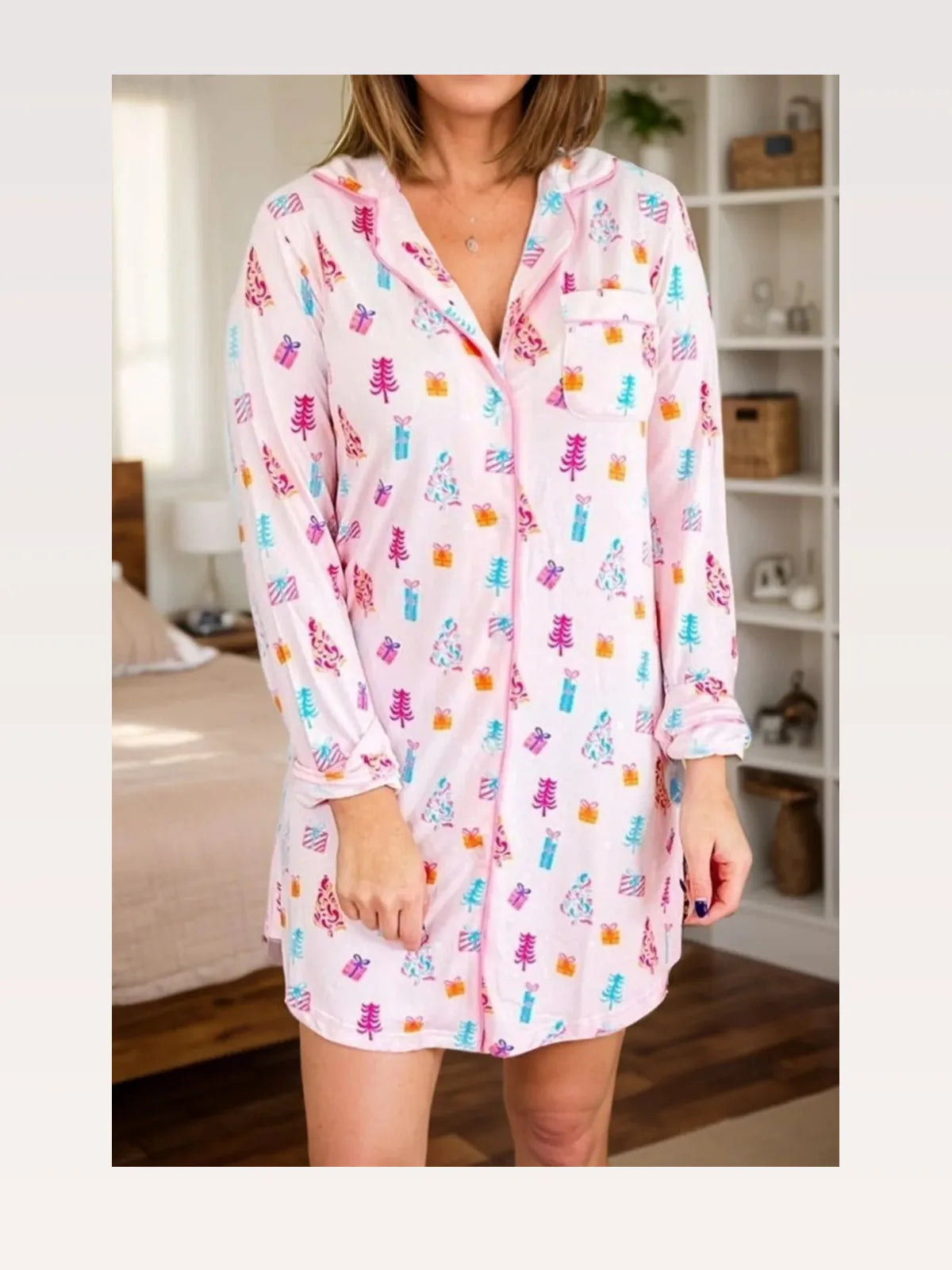 Printed Collared Neck Long Sleeve Lounge Dress