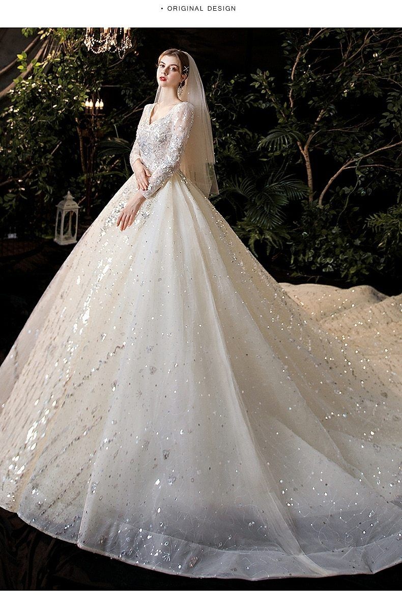 Luxury Princess Long Sleeves Wedding Dress with Crystal Sequined Lace