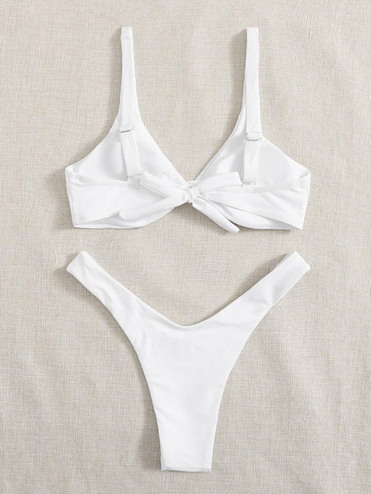 Solid Tie Bikini Padded Bra High Leg Bandage Push Up Bikini Set Brazilian Swimsuit Women Swimwear Rib Bikini Set High Cut Spaghetti Strap Two Piece Swimsuit Bathing Suit