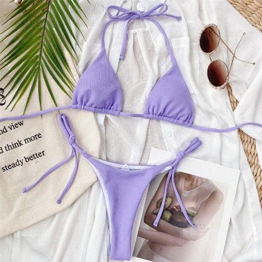 Solid Triangle Bikini Swimwear Women Bandage Backless Two Pieces Swimsuit Women Beachwear Set Women's Halter Triangle Bikini Thong Bottom Cheeky Two Piece Swimsuits