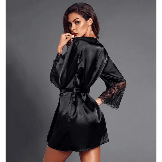 Stylish Black Satin Silk Short Bathrobes For Women Classic Lace On Sleeves Sleepwear Vintage Women's Sleewear
