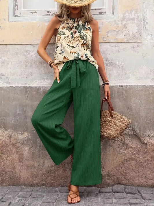 Printed Tank Top and Wide Leg Pants Set Dark Green