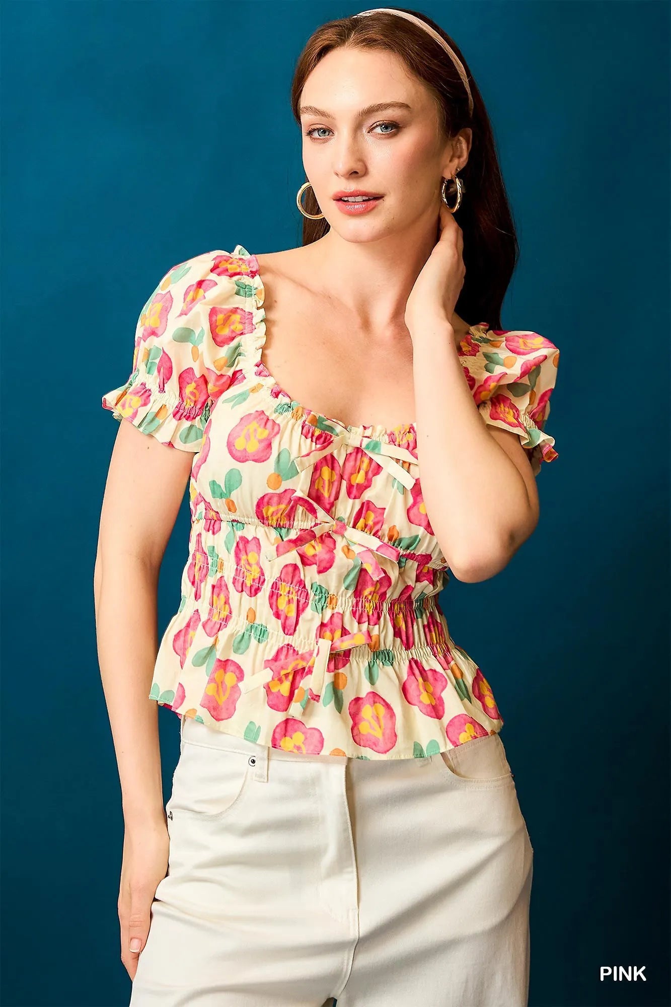 Umgee Floral Smocked Peplum Blouse Pink