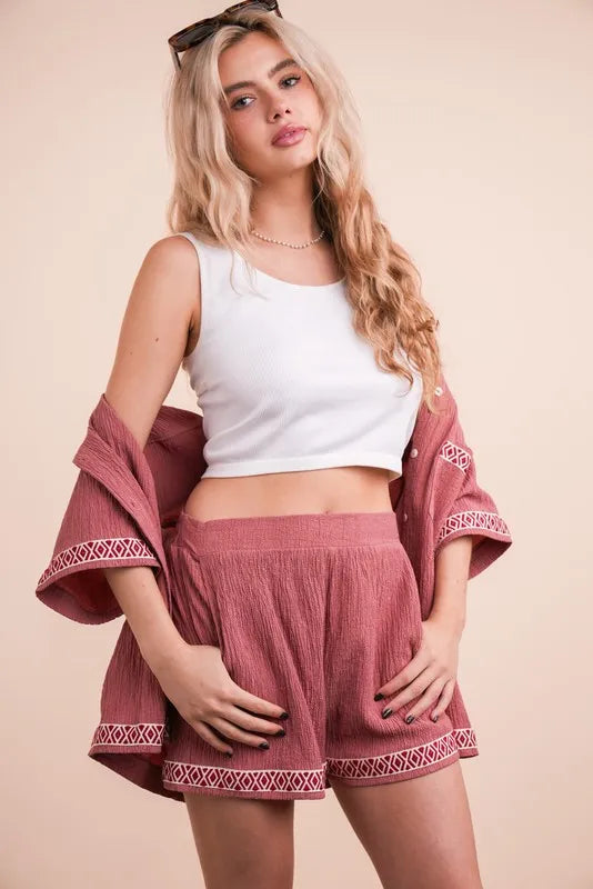 VERY J Crinkled Woven Shirt Top & Shorts Set