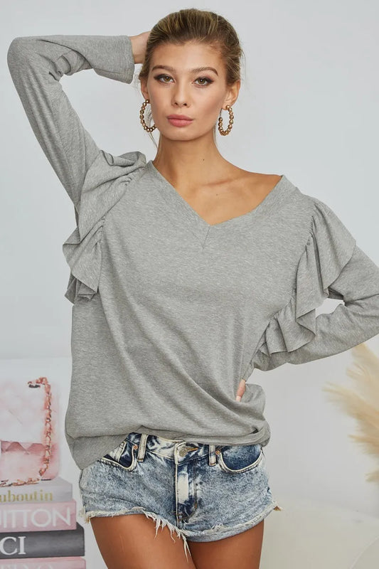 BiBi Triblend V Neck Top with Shoulder Shrring Detail H GREY