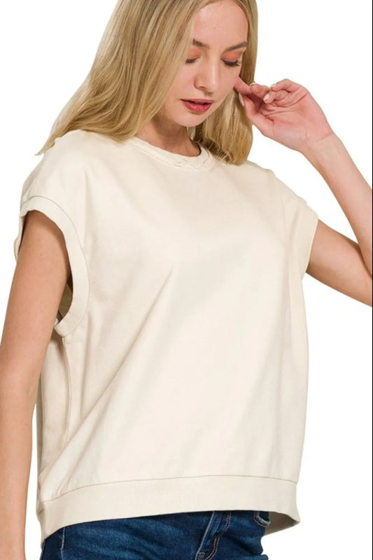 Zenana French Terry Round Neck Cap Sleeve T-Shirt BONE