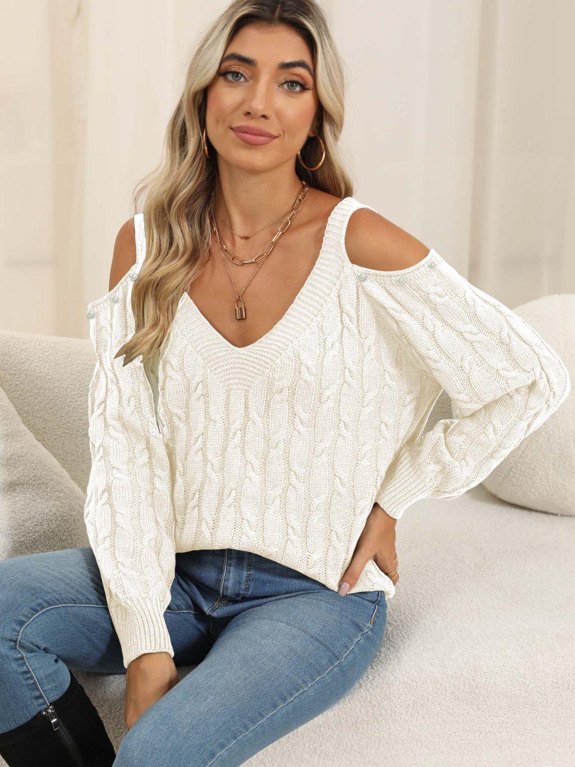 Cable-Knit Cold Shoulder Sweater White