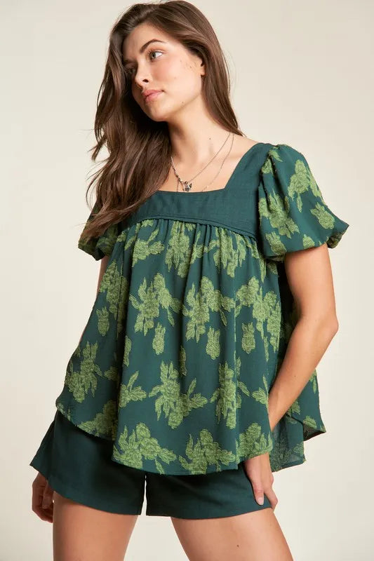 Davi & Dani Nature Printed Square Neck Puff Sleeve Blouse