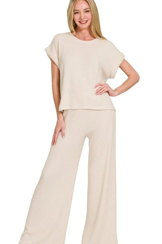 Zenana Rolled Sleeve Top and Pants Sweater Set SAND BEIGE