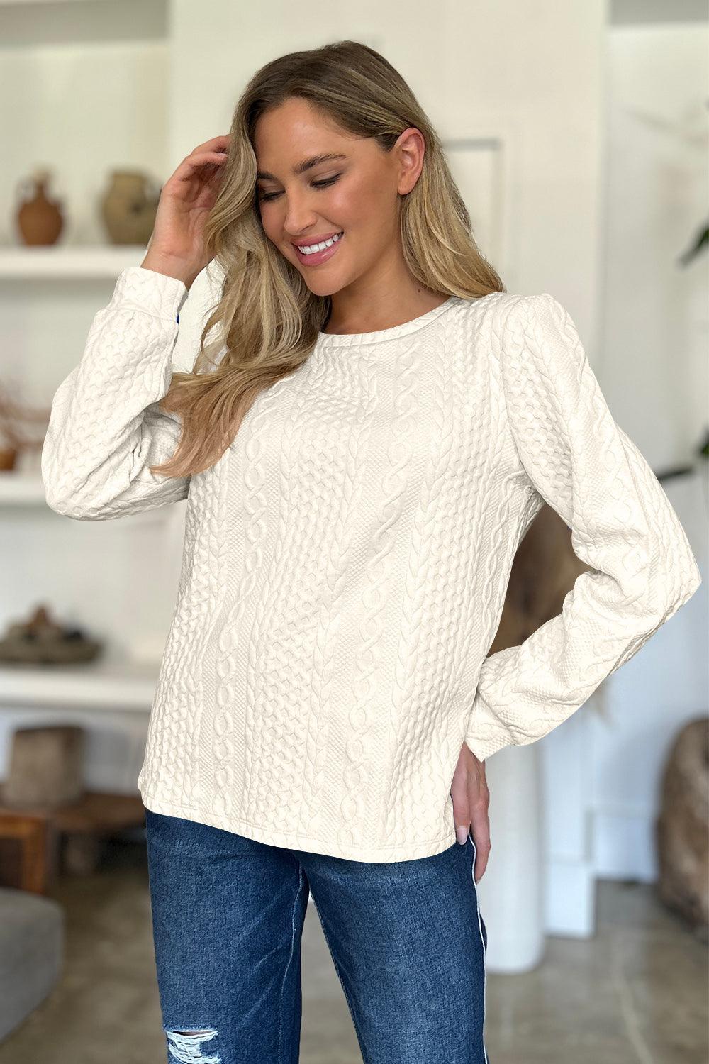 Textured Round Neck Long Sleeve Sweatshirt Ivory
