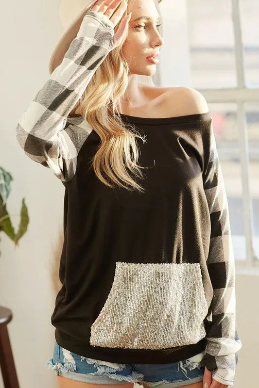 BiBi French Terry Top with Sequins Kangaroo Pocket BLACK BLACK CHECK