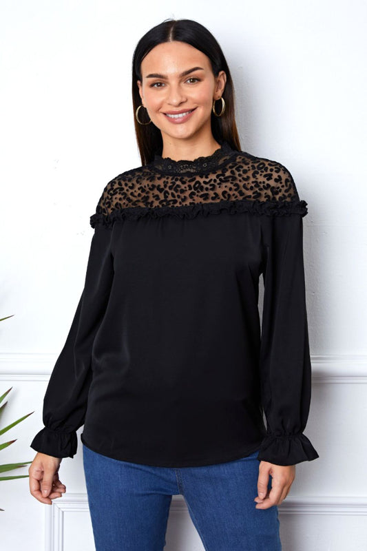Leopard Frill Flounce Sleeve Blouse Black