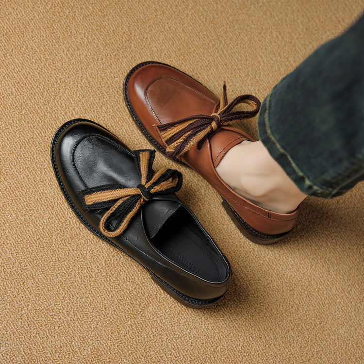 Women's Leather Bow Pumps | Retro Round Toe Chunky Low Heel Loafer Shoes