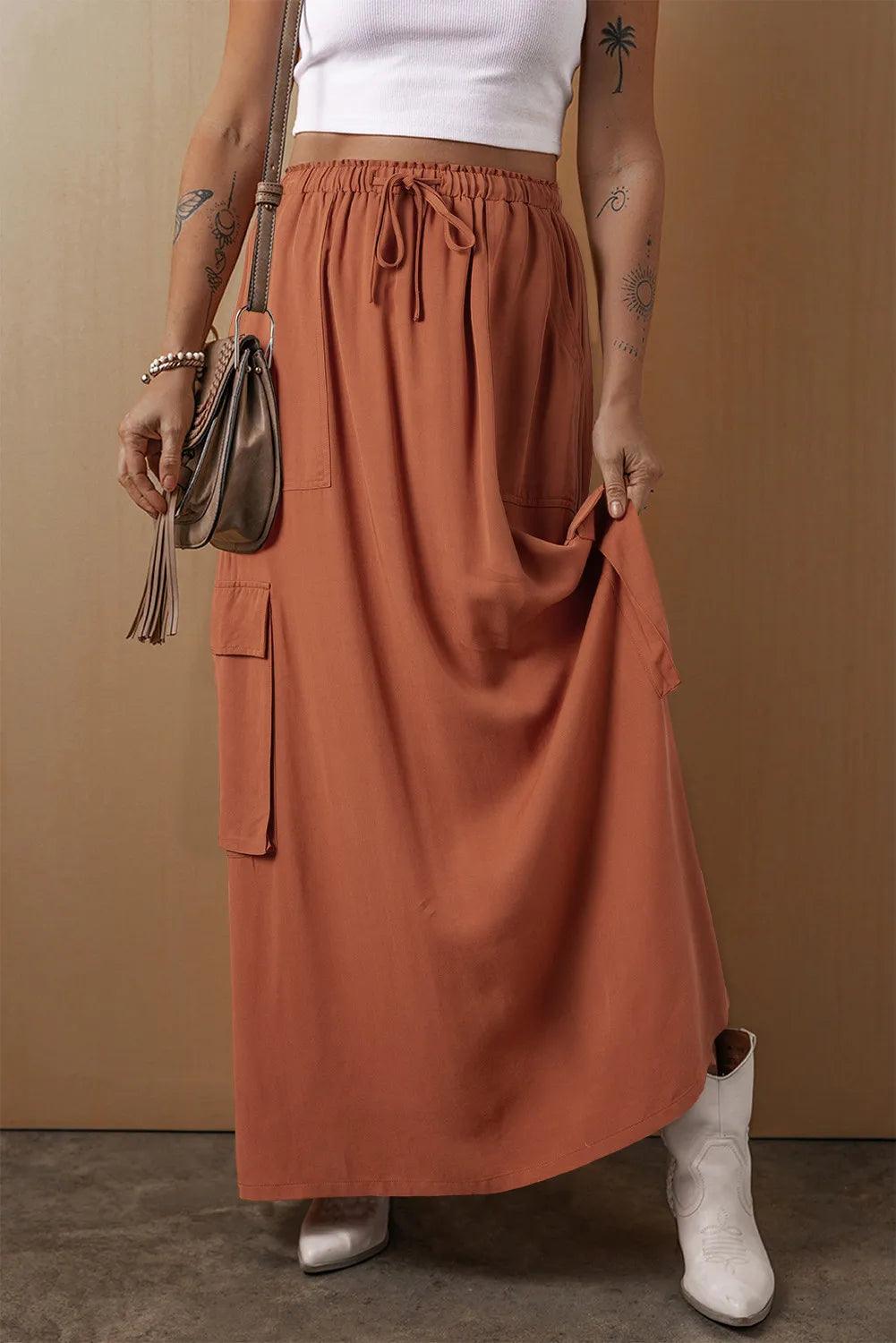 Drawstring Maxi Skirt with Pockets Caramel