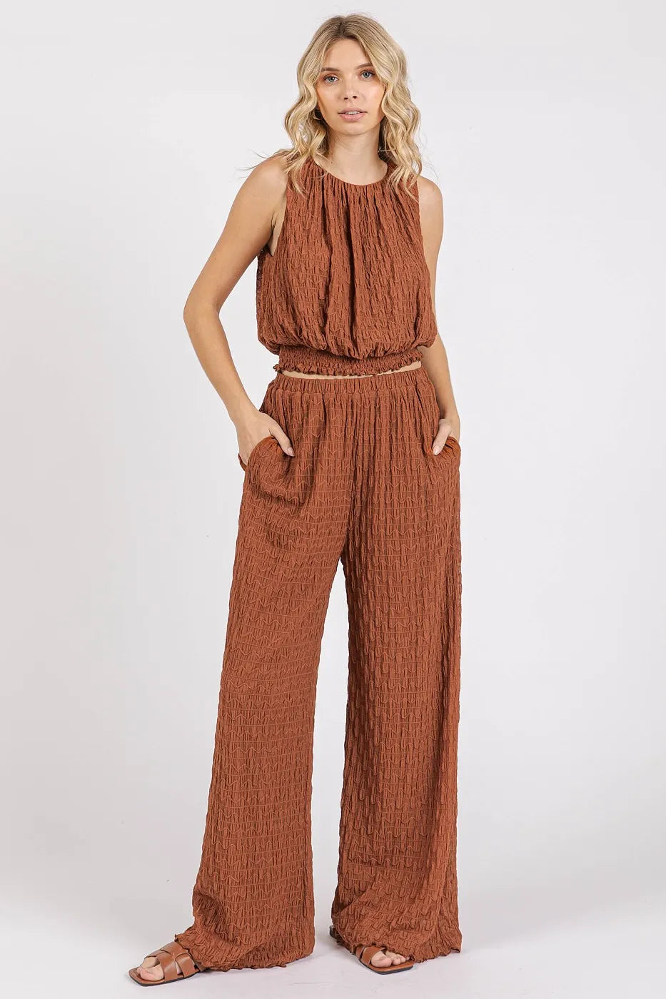 Mittoshop Textured Stretchy Crop Tank and Pants Set GINGER