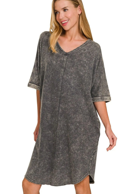 Zenana Acid-washed French Terry Tee Shirts Dress ASH BLACK
