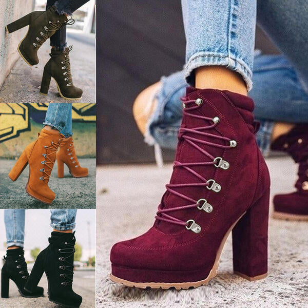 Heeled Boots For Women – Round Toe Lace Up High Heels Mid Calf Boots