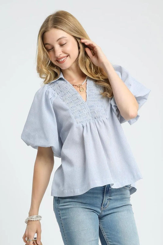 Umgee Smocked Puff Sleeve Blouse Light Blue