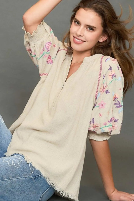 Umgee Full Size Half Button Top with Embroidery Sleeves Plus Size OATMEAL