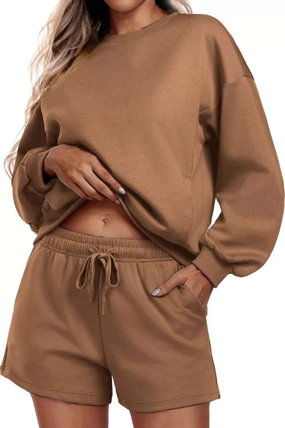 Round Neck Sweatshirt and Shorts Set