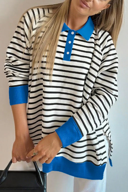 Striped Polo Collar Long Sleeve Sweatshirt