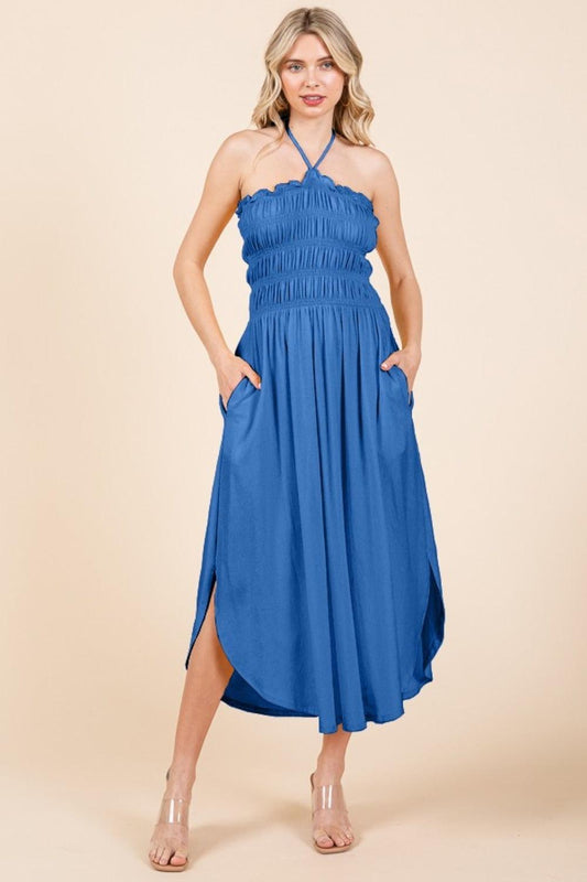 Culture Code Tie Back Shirring Dress with Pockets Blue