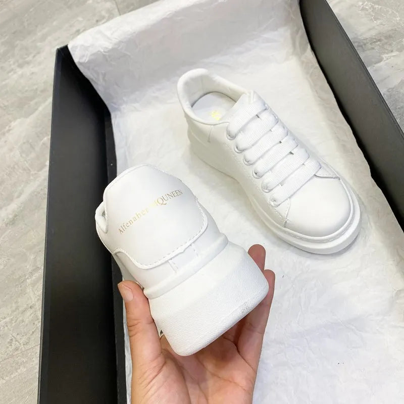 PU Leather Lace Up Round Toe Platform Sneakers White
