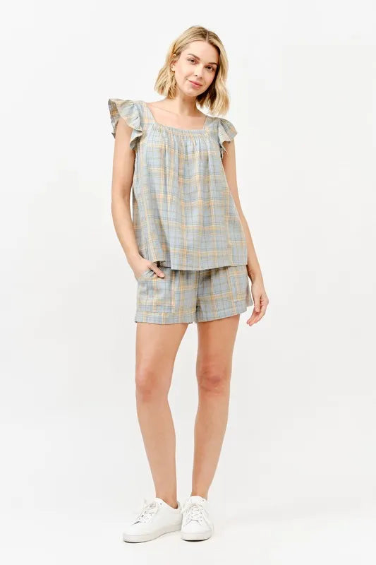 And The Why Plaid Print Smocked Detail Casual Shorts BLUE