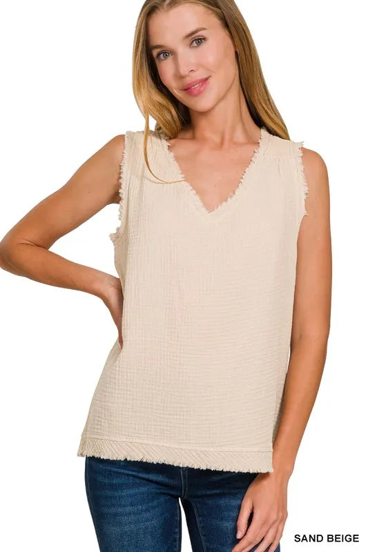 Zenana Double Gauze Raw Edge V-Neck Tank SAND BEIGE