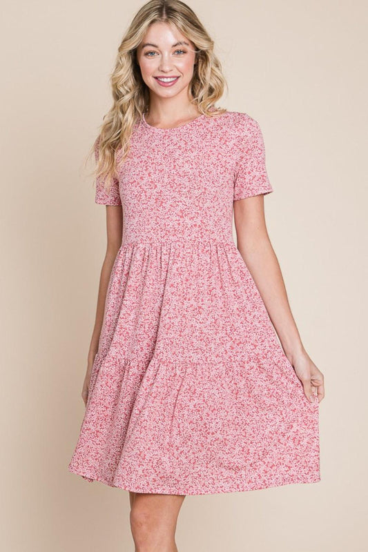 BOMBOM Printed Short Sleeve Mini Dress Marsala