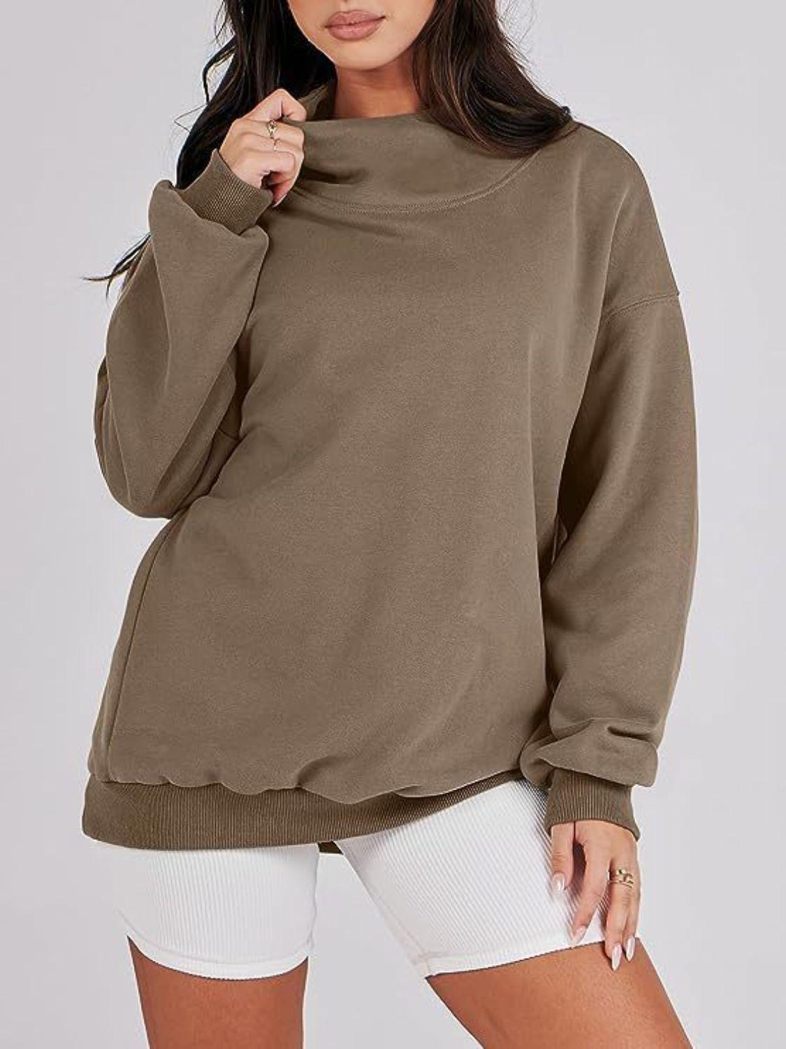Mock Neck Drop Shoulder Long Sleeve Sweatshirt Taupe
