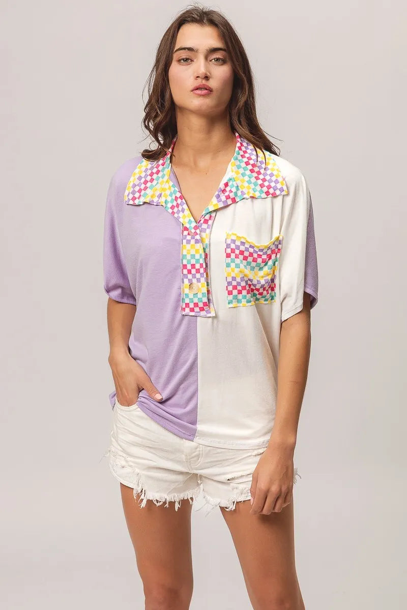 BiBi Color Block Knit with Multi Checker Contrast Top