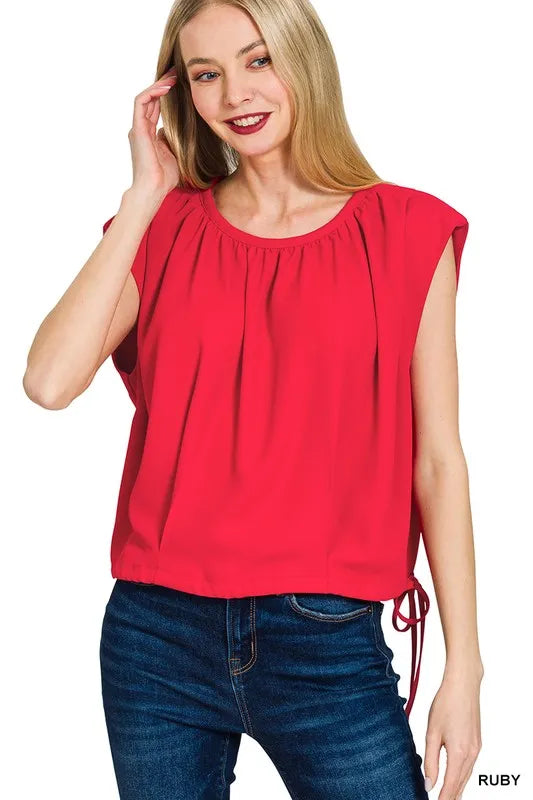 Zenana Woven Drawstring Tie Side Sleeveless Top RUBY