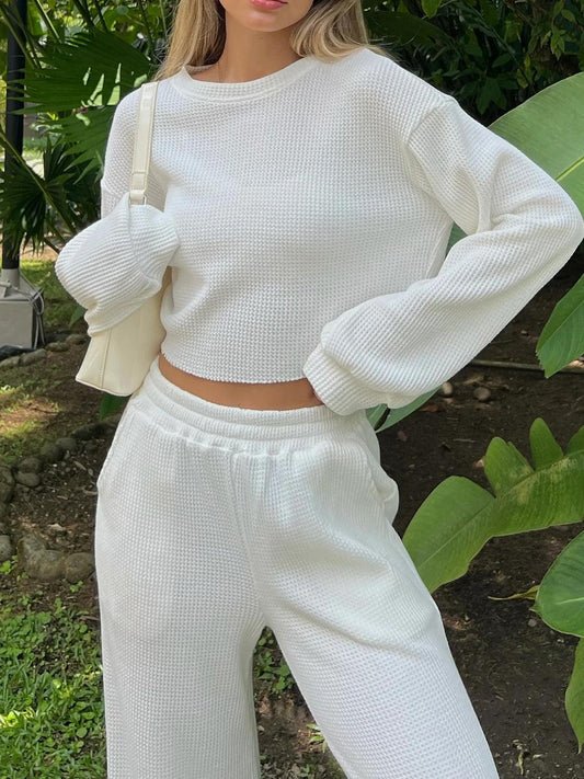 Waffle-Knit Round Neck Top and Pants Set White