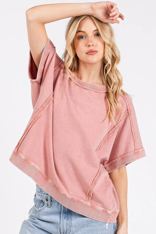 Mittoshop Mineral Wash French Terry Crew Neck Casual Top ANTIQUE PINK