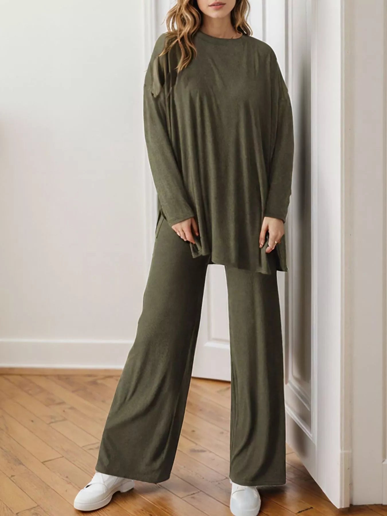 Casual Loose Long Sleeve Top and Wide Leg Pants Set