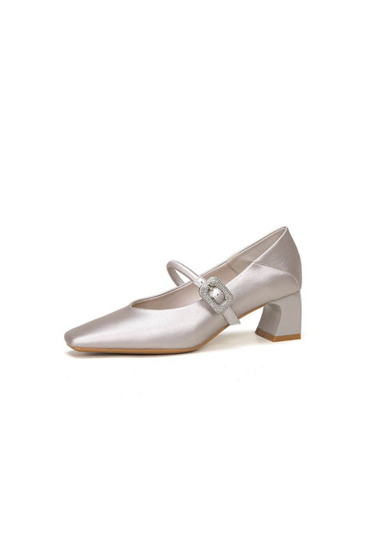 Square Toe Block Heel Pumps Silver