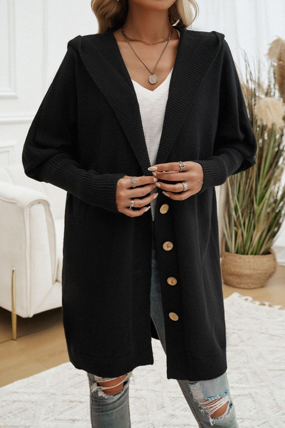 Button Up Long Sleeve Hooded Cardigan Black