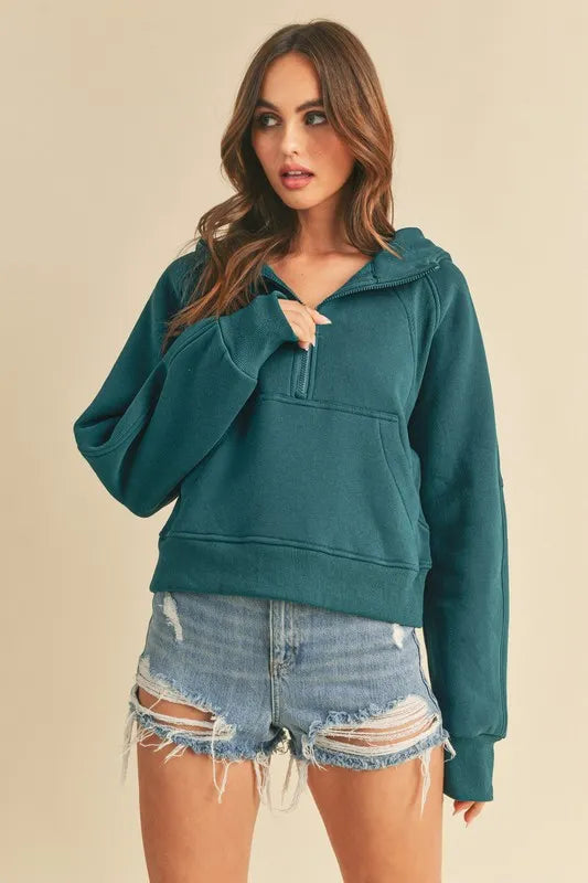 Aemi + Co Half Zip Raglan Sleeve Hoodie with Kangaroo Pocket