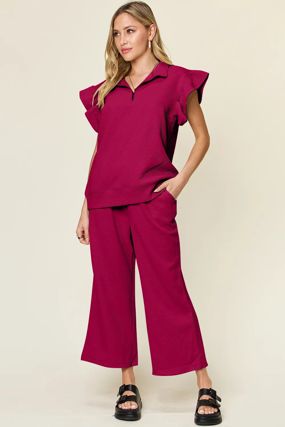Double Take Texture Ruffle Short Sleeve Top and Drawstring Wide Leg Pants Set Deep Rose