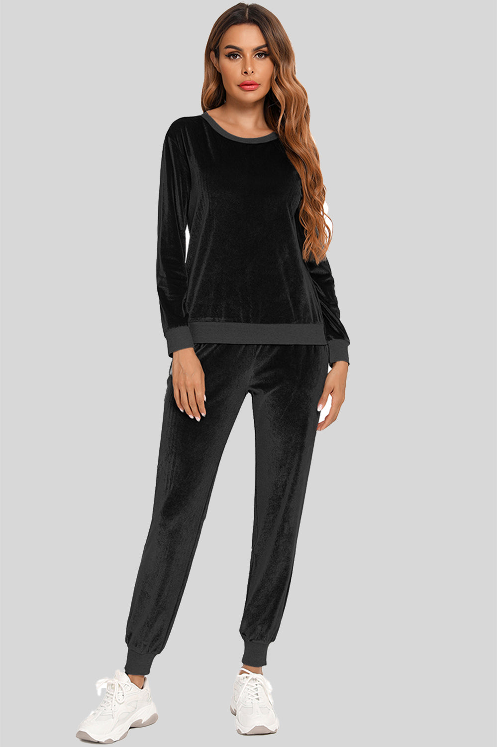 Round Neck Long Sleeve Loungewear Set with Pockets Black